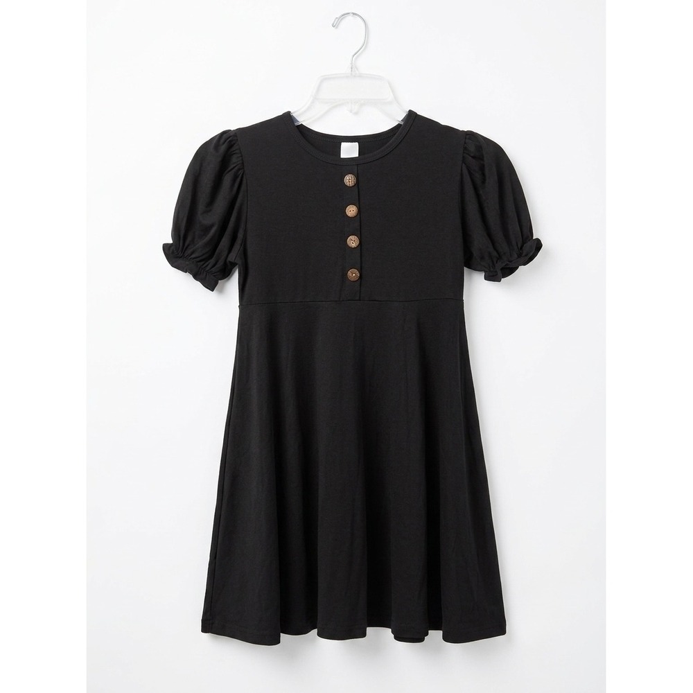 Girls Black Puff Sleeve Button Front Skater Dress Size 12T Cotton Blend